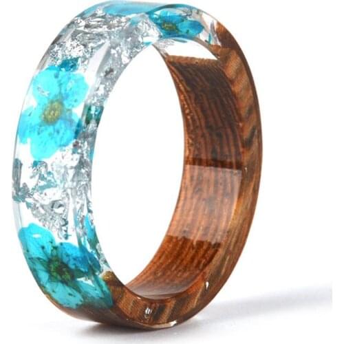 Coxeer 1pc Retro Resin Ring Creative Flower Decor Wooden Ring Transparent Ring Finger Ring Jewelry Accessories