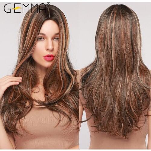 GEMMA Long Wavy Natural Middle Part Synthetic Wig Women Fake Hair Heat Resistant Black Brown Blonde Red Highlight Cosplay Wigs