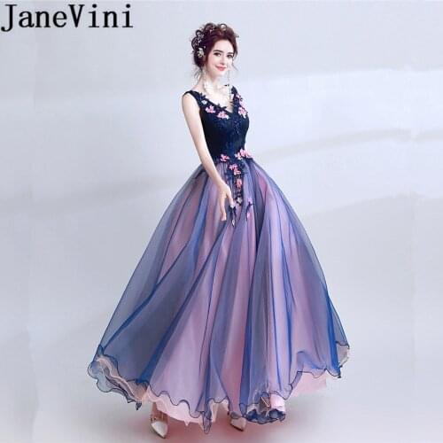 JaneVini 2018 Elegant Long Bridesmaid Dresses A Line Lace Appliques Pearls Tulle Floor Length Formal Gowns Prom Wear Plus Size