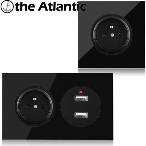 FR France Wall Power Socket With Dual USB Charger Double Socket France Poland Czech Slovakia Electrical Socket Black Glass 146mm