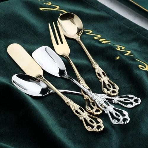 Stainless Steel Coffee Spoon Vitange Style Fork Gold Kitchen Snacks Fruit Dessert Fork Useful Butter Knife Tableware