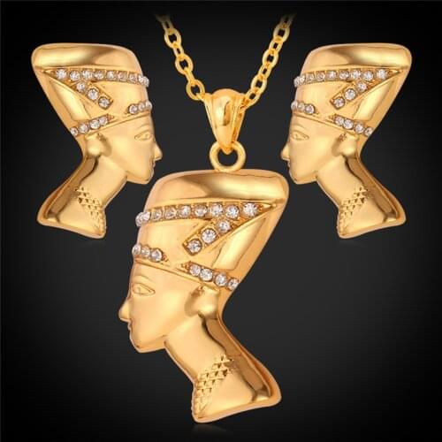 African Jewelry Set Vintage Queen Head Pendant Necklace Earring For Women Gold Color Rhinestone Jewelry Set PE707