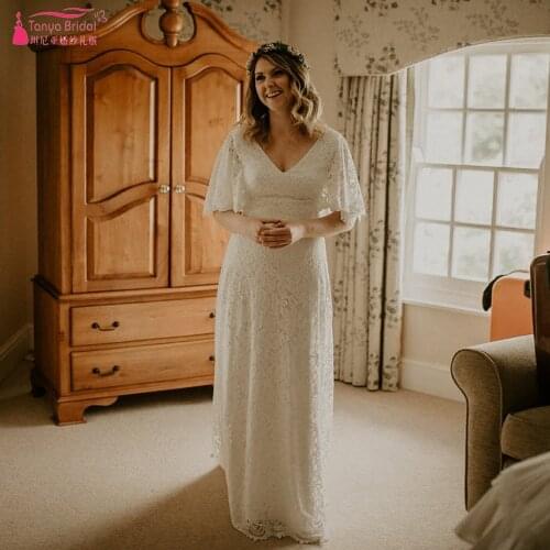 Short Flare Sleeve Lace Wedding Dresses Bohemian A Line Backless Bridal Gowns Lovely boho Vestido De Noivas ZW388