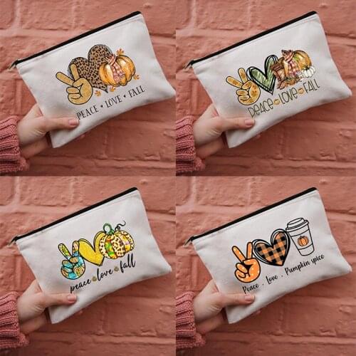 Peace Love Fall Print Makeup Bag Women Cosmetic Case Travel Toiletries Organizer Female Storage Make Up Pouch Thanksgiving Gifts