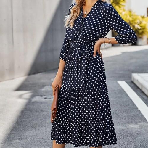 2021 New Autumn Winter V-neck Dress Women Printing Long-Sleeved Casual Loose Dot Plue Size Dress Elegant Party Maxi Long Dresses