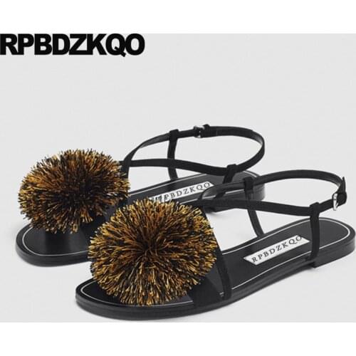 Double Strap Sandals Open Toe Flat Women Shoes 2018 Ladies Slingback Designer Summer Black Famous Brand Strappy Pom Soft Cage