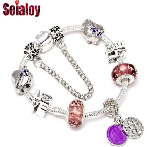 Seialoy Purple Round Heart Charm Bracelets For Women Fine Snake Chain Silver Color Bracelet & Bangle Jewelry Gift