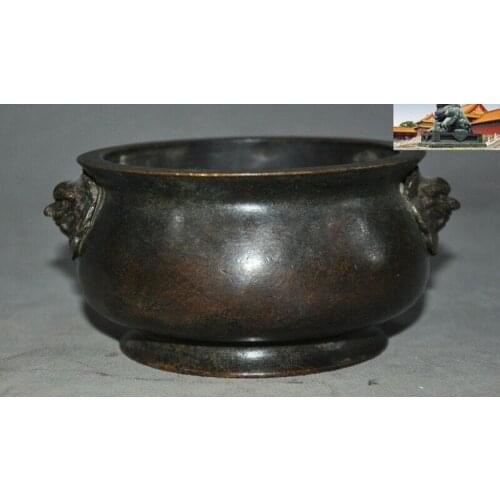 Old China bronze Feng Shui foo dog lion beast head statue Incense burner Censer