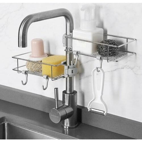 Stainless Steel Faucet Storage Rack Kitchen Idea Sink Drain Rack No Holes Washing Dish Cloth Sponge Brush Pool Storage Rack
