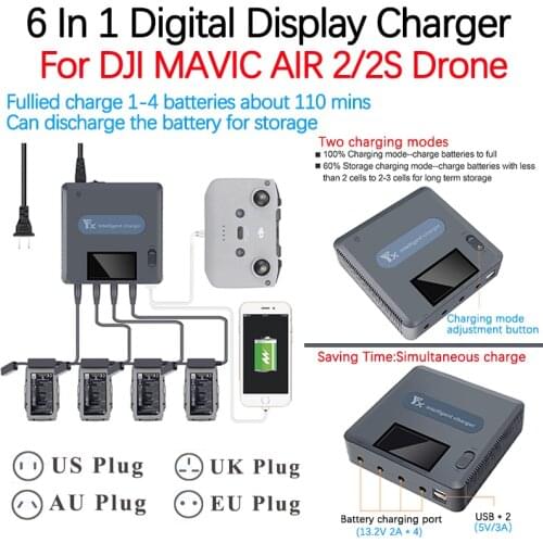 For DJI MAVIC AIR 2/2S Drone 6 In 1 Digital Display Charger Hub 4 Battery Simultaneous Charging With Discharge Mode Accessories