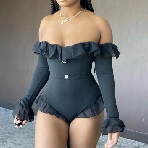 Women Summer Bodysuits Solid Color Off Shoulder Long Flare Sleeves Ruffled Tight Rompers Sexy Fashion Tops for Female Ladies