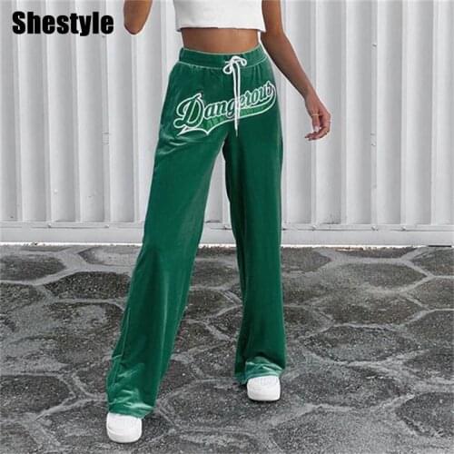 Shestyle Velvet Pants Women Green Drawstring Waist Straight Streetwear Stylish Attach Letter Smooth Soft Trousers Homwear