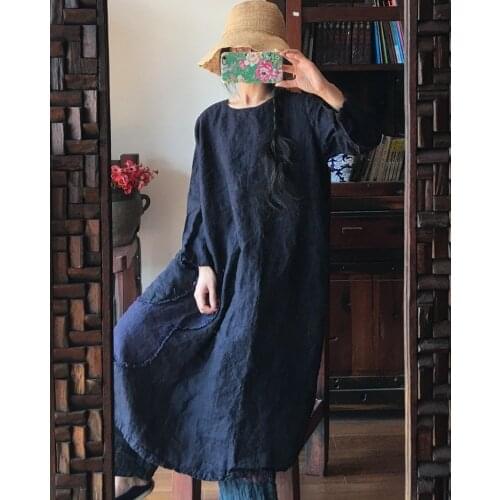 Women Patchwork Linen Washed Appliques Dress Ladies Loose Robe Dress Female Autumn Spring Dresses 2018 Retro Dress