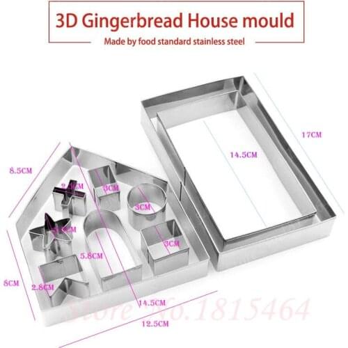 10pcs 3D Gingerbread house Stainless Steel Christmas Scenario Cookie Cutters Set Biscuit Mold Fondant Cutter Baking Tool