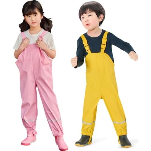 Rain Trousers Kids PU Baby Girl Overall Waterproof Boys Pants Yellow Navy Blue Toddler Romper 2020 Chidlren Jumpsuit 1-10 Years