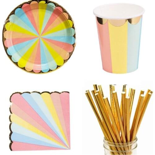 57pcs/set Multicolor Striped Disposable Gilding Tableware Party Paper Plates Cups Napkin Baby Shower Birthday Party Supplies