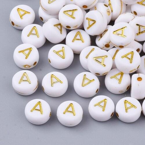7mm Golden White A-Z Letter Acrylic Beads Round Flat Alphabet Spacer Beads For Jewelry Making Handmade DIY Bracelet Necklace