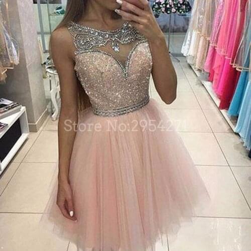 Sparkly Light Pink Tulle Homecoming Dresses Scoop Beading Crystals Sequins A Line Short Prom Party Dresses 2019 Cocktail Dress