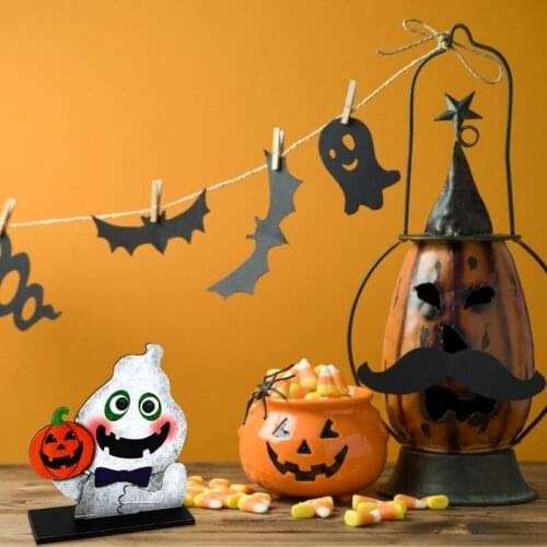 Cartoon Ghost Holding Pumpkin Wooden Sign with Base Halloween Table Decoration Centerpieces Tier Tray Party Dinner Coffee Topper