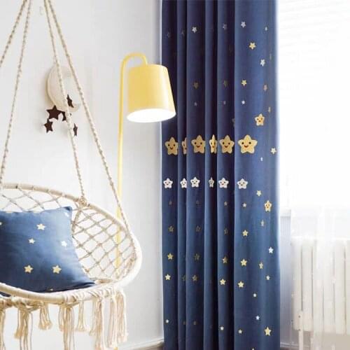 Childrens Curtain for Bedroom High Shading Cartoon Stars Blue Curtain Cute Kindergarten Embroidered Curtains for Living Room