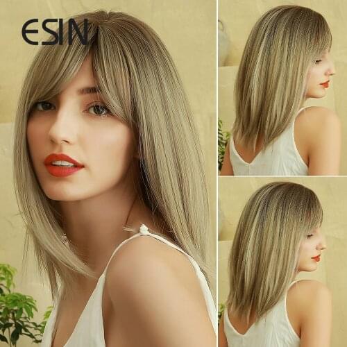 ESIN Gray Gold Medium Long Straight Wig with Bangs INS Cosplay Natural Wigs for Women Heat Resistant Synthetic Hair