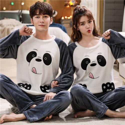 Flannel Womens Sleepwear Thick Warm Couple Pajama Sets Long Sleeve Panda Pyjamas Cartoon Homewear Female Winter Home Clothes