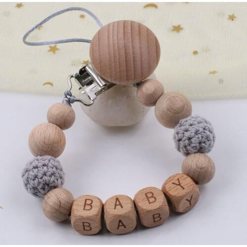 Personalised Name Beech Wood Pacifier Clips Chain Safe Crochet Beads Teething Chain Baby Teether Dummy Clips Holder