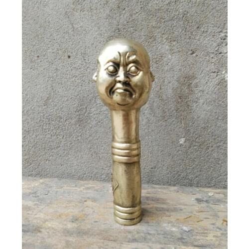 CHINESE OLD COPPER HANDWORK CARVING 4 FACE BUDDHA STATUE WALKING STICK HEAD