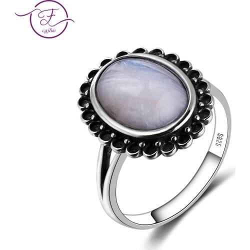 100% 925 Silver Ring Large Oval 10 * 14MM Natural Moonstone Vintage Flower Ring Engagement Wedding Party Anniversary