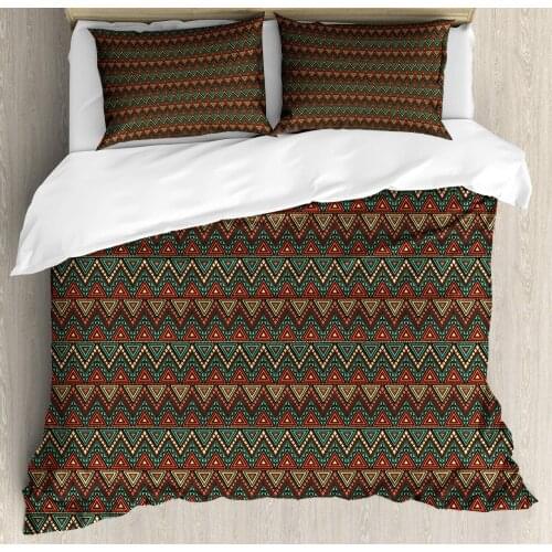 Bohemian Stripe Duvet Cover Set Motifs Triangles and Zigzags Print 3 Piece Bedding Set Burnt Sienna Pale Yellow and Seafoam