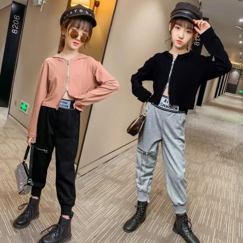 Fashion Girl Sets Teen Clothes Children Autumn Zipper Rib Hoodie+Metal Decoration Letter Elastic Waist Cargo Pants Clothing Sets