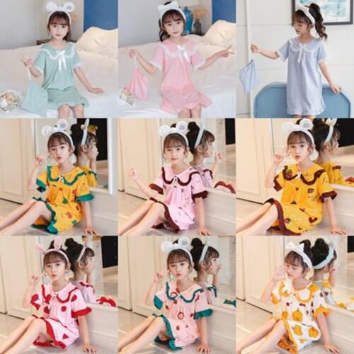 Summer Girls Princess Nightgowns Kids Short Sleeve Cartoon Nightdress Knitted Pajamas Sleepwear Toddler Clothes Homewear
