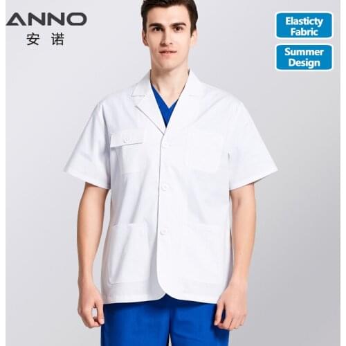ANNO Short Sleeve Lab Uniforms Summer Hospital Elastic Fabric Pharmacy White Coat Chemistry Unisex Elastic Doctor Uniform Gown