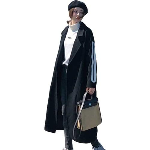 Fashion Long-sleeved Striped Parka Winter Woolen Coat Womens Slim Over The Knee Long Windbreaker Black Wool Overcoat Jacket 075