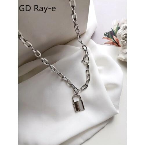 Simple T Bar and Padlock Chunky Link Chain Short Necklace 2227