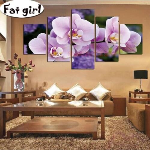 5 Panel Cross Stitch Square Round Drill Diamond Painting Pink purple Flower Mosaic 5D Diy Embroidery Handmade Wall Decoration