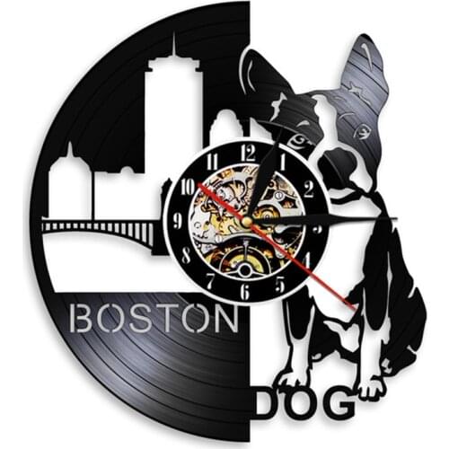 Boston Terrier Dog Wall Clock Dog Pet Shop Sign Vinyl Record Wall Clock Dog Breeds French Bulldog Wall Art Puppy Dog Owners Gift