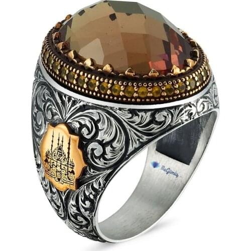 Hand Production Engraving Embroidered Zultanit Double Vav Silver Men 'S Ring