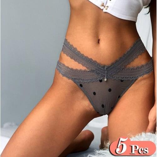 5Pcs/LotNew Vintage Dot Cross Lace Women Underwear Sexy Transparent Mesh Panties Sex String Hollow Out Seamless Briefs Set
