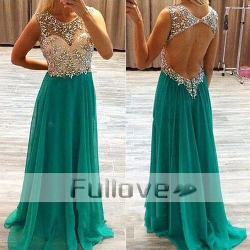 Gorgeous Mint Green Chiffon A-Line Evening Dresses Long 2019 Backless Crystal Beading Occasion Party Gowns Vesrido De Festa