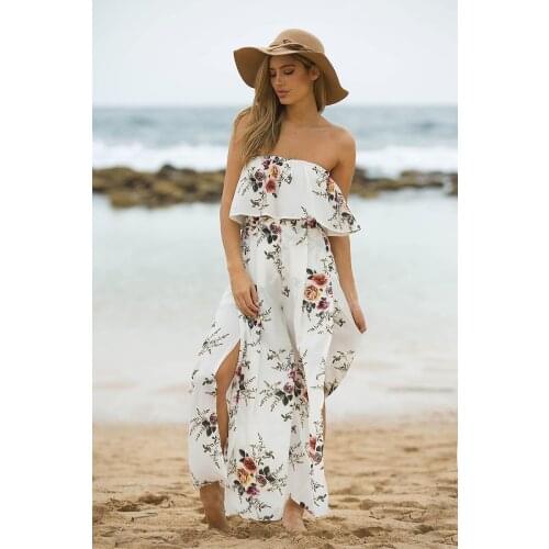 Women pants Spring Summer New Women printing flower Side slit Wide leg pants Seaside On vacation Beach white pants