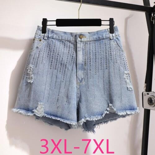 2021 spring summer plus size denim shorts for women large loose casual elastic waist hole wide leg shorts blue 4XL 5XL 6XL 7XL