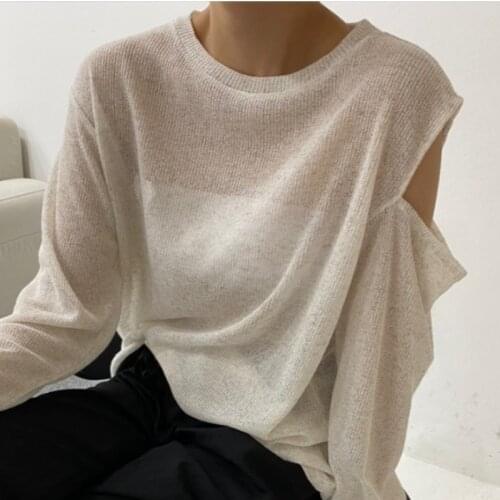 Korean Chic Early Autumn Simple Temperament Round Neck Fashion Loose Strapless Long-Sleeved Thin Hollow Knit Sweater Top Women