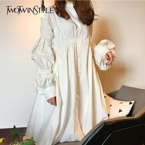 TWOTWINSTYLE Puff Sleeve Shirt Dress Women Ruched Oversized Casual Dress Female Casual Fashion Clothing Big Size Autumn 2020 New