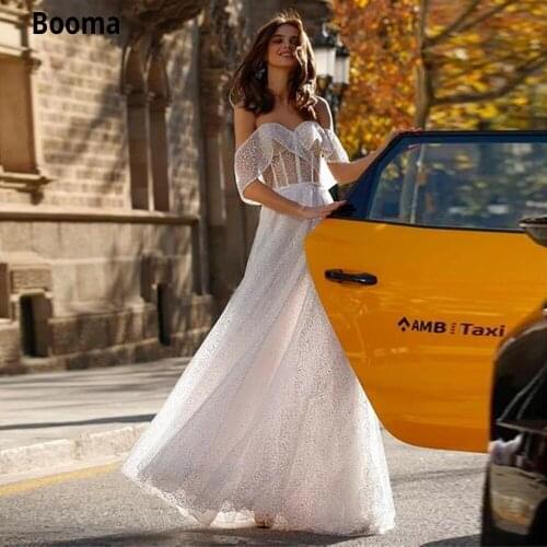 Booma Off the Shoulder Sequins Lace Wedding Dresses Open Back Floor Length Beach Bride Gown Custom Made Plus Size China Gown