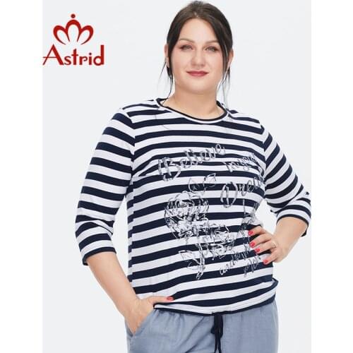 Astrid Womens t-shirt 2021 Knit Cotton Top Female Oversized stripes Clothing Vintage Fashion Print Trends O-neck blouses Tees