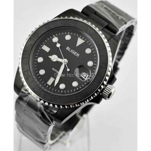 BLIGER 40mm Style Ceramic Bezel PVD black steel case sapphire glass blackd Folding buckle date Automatic menfolks wristwatch