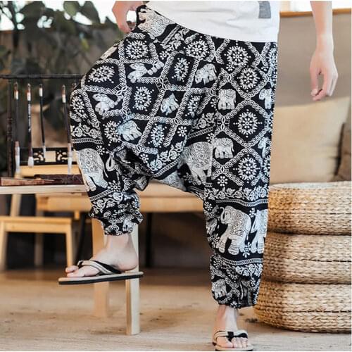 Baggy Cotton Linen Harem Pants Men Hip hop Plus Size Wide Leg Trousers New Casual Vintage Print Long Pants Pantalon Hombre 2020