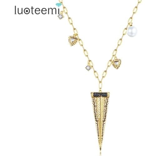 LOUTEEMI Big Arrow Long Pendant Necklace for Girls Multiple Accessories With a Freshwater Pearl AAA Cubic Zircon Paved Jewelry