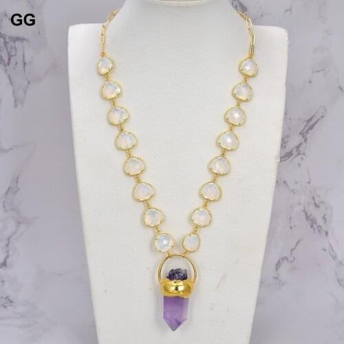 GuaiGuai Jewelry 21'' White Crystal Bezel Chain Necklace Amethyst Point Raw Pendant